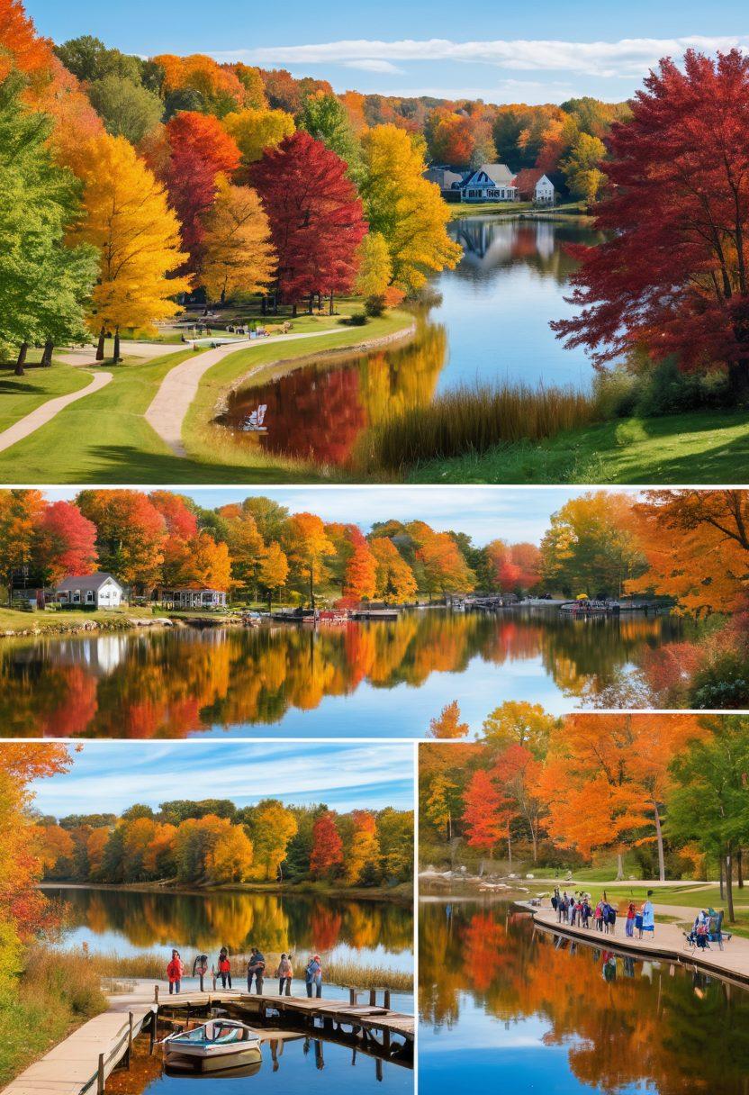 A scenic collage of Becker County featuring a vibrant lakeside view, local community events in full swing, and a friendly group of bloggers engaged in conversation. Include nature trails in the background, colorful fall foliage, and iconic local landmarks, capturing the essence of community spirit and exploration. super-realistic. vibrant colors. 3D.