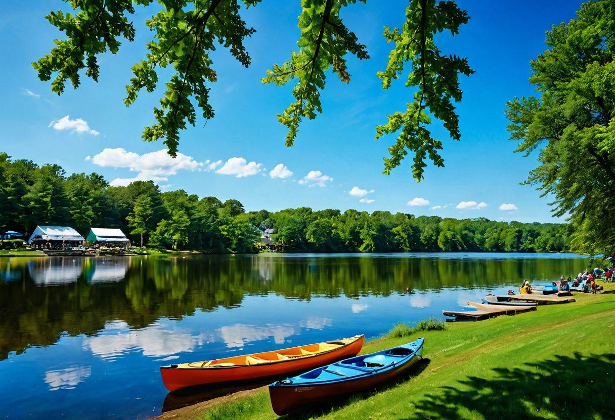 A picturesque landscape of Becker County showcasing diverse events and lifestyle scenes, including a vibrant farmers market, a scenic lake with people kayaking, and a community festival with colorful tents and laughing families. Include lush green trees and a bright blue sky to evoke a sense of adventure and community spirit. The image should exude warmth and excitement, capturing the essence of local culture and opportunities in Becker County. super-realistic. vibrant colors. panoramic view.